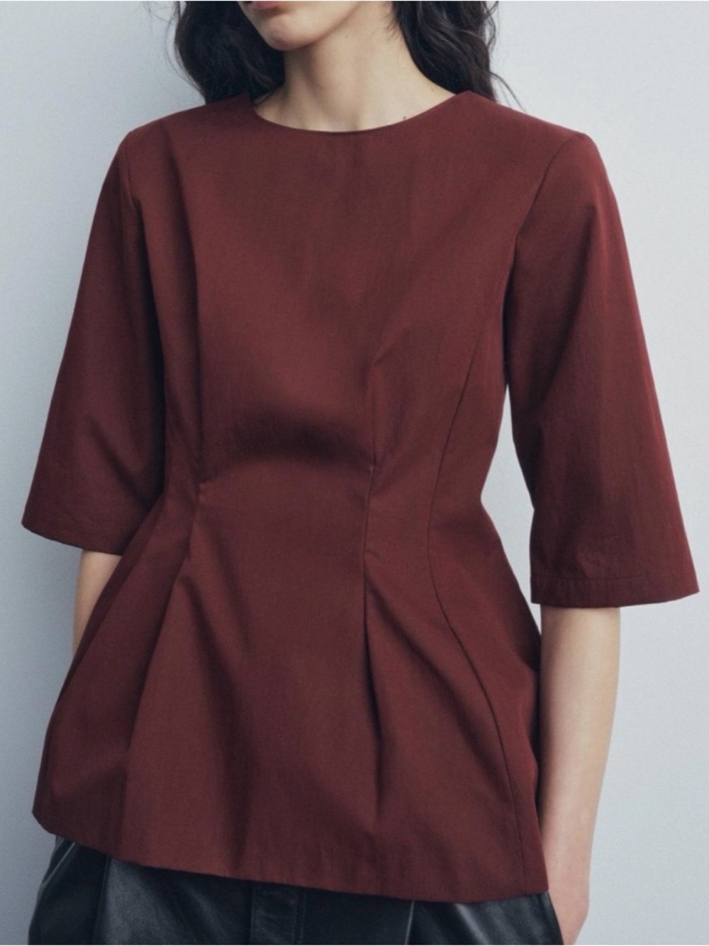 Zara Womens Crewneck Peplum Top in Burgundy